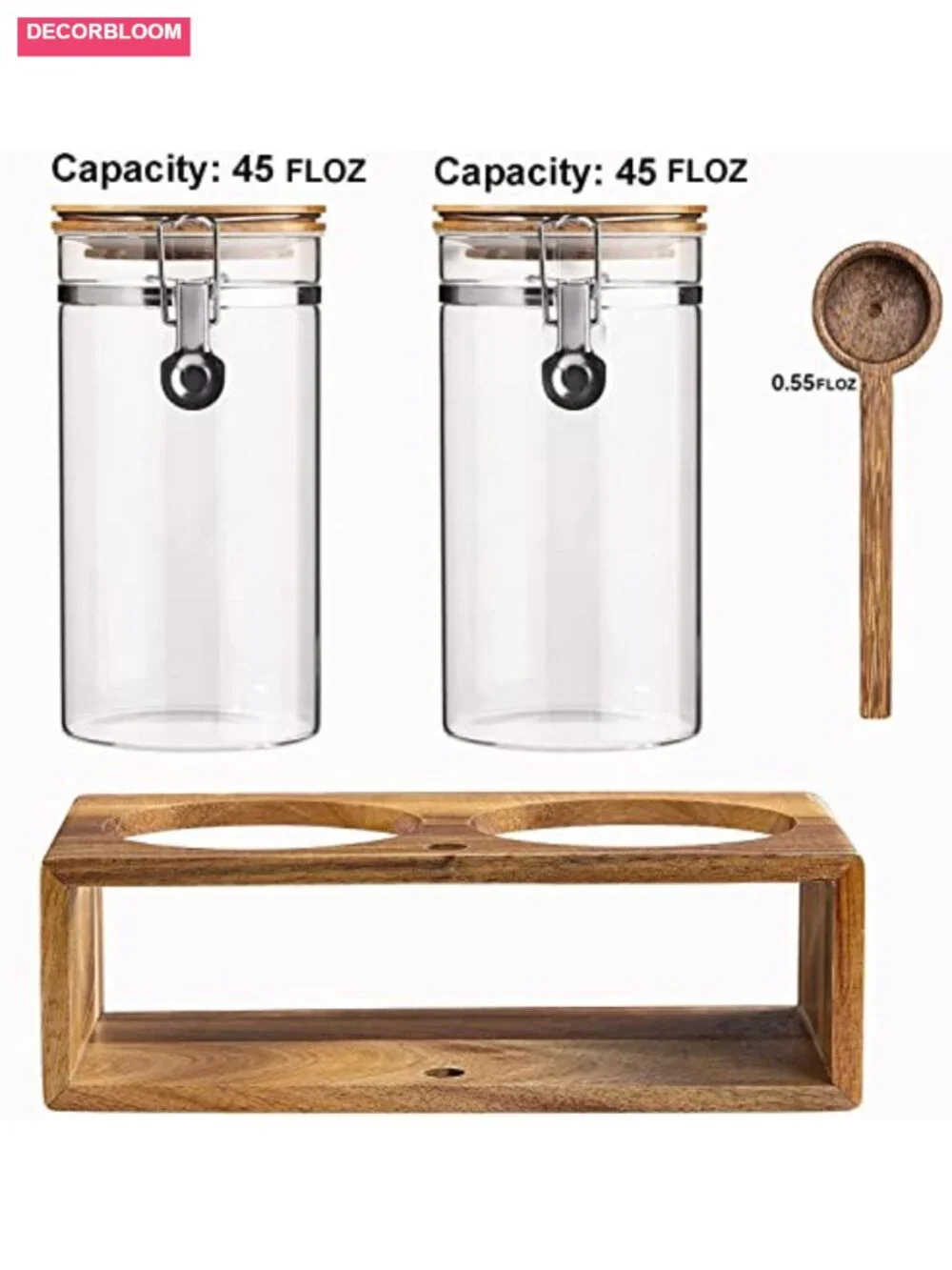 Glass Coffee Canister Set with Wooden Shelf, Airtight Lids, 2x45oz